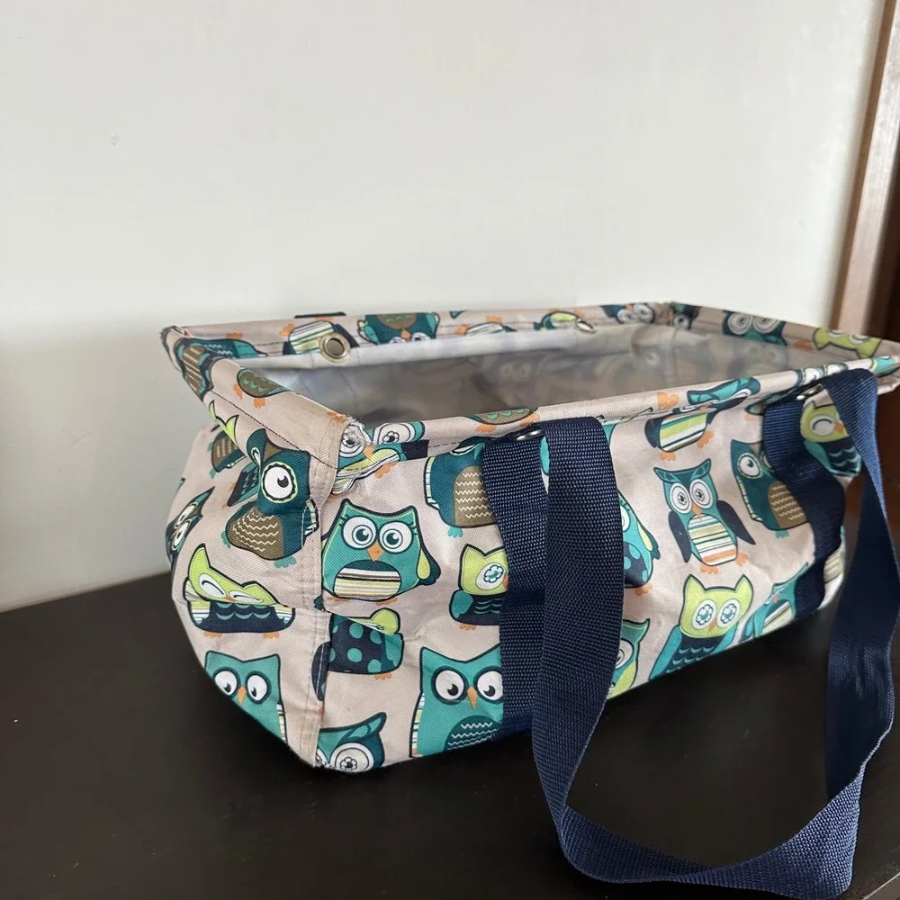 Thirty One Medium Utility Tote Hoo's Happy Owl Print Teal Green Storage Bag 18x9